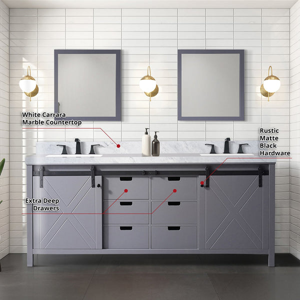 English Elm Dark Grey Double Bath Vanity 80 in. W x 22 in. D with Carrara Marble Top, Matte Black Faucets, Mirrors B2731S01075