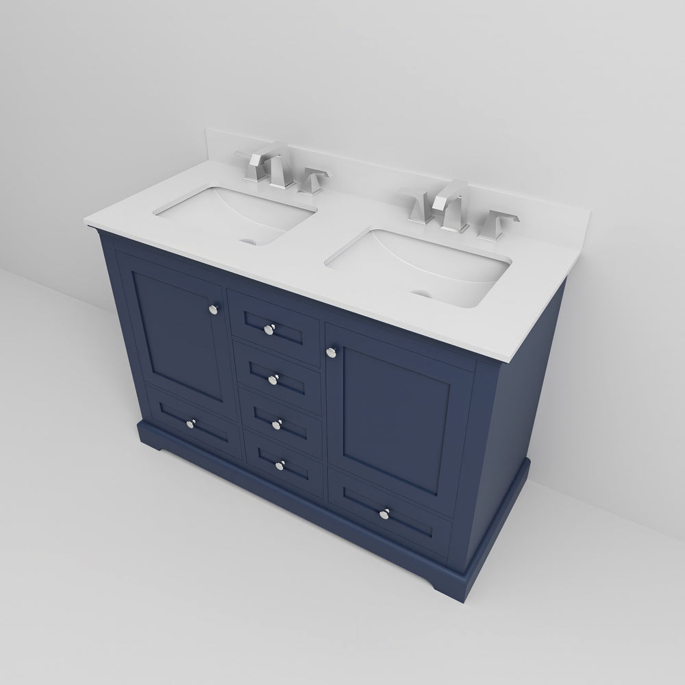 English Elm Navy Blue Double Bath Vanity 48" W x 22" D with White Quartz Top, Soft-Close Drawers & Chrome Faucet Set B2731P258334