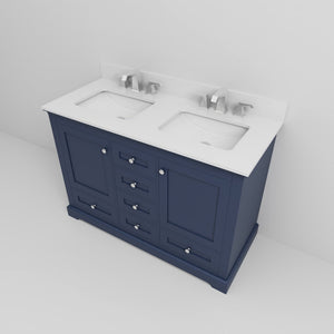 English Elm Navy Blue Double Bath Vanity 48" W x 22" D with White Quartz Top, Soft-Close Drawers & Chrome Faucet Set B2731P258334