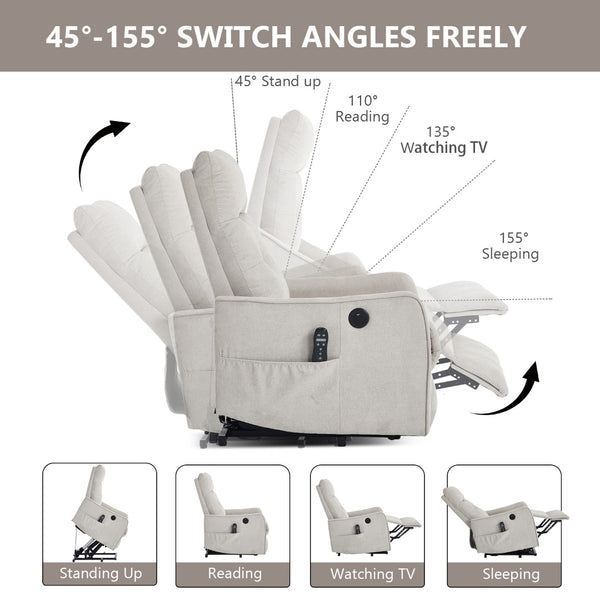 English Elm Beige Chenille Power Lift Recliner with Massage Heat and Usb for Senior Comfort Beige W1803P364114