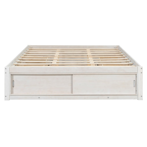 English Elm Queen Platform Bed with Four Storage Drawers Footboard Cubby Modern Low Profile Frame White LP000138AAK