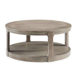 English Elm 40inch Two Tier Round Pine Wood Coffee Table with Wheels Rustic Vintage Living Room W2582P308198