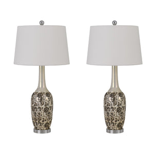 HomeRoots Set of Two 30" Stylish Silver Metal Bedside Table Lamps with White Globe Shade for Cozy Illumination 476144