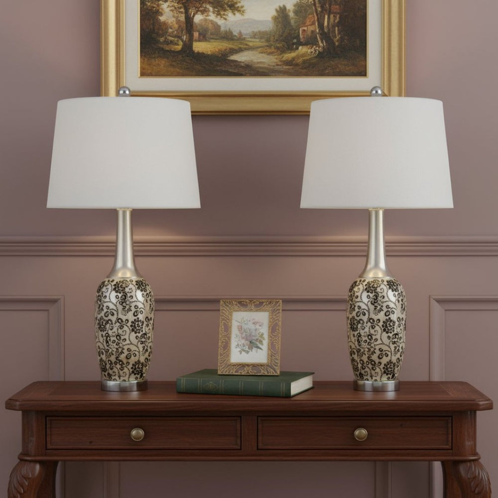 HomeRoots Set of Two 30" Stylish Silver Metal Bedside Table Lamps with White Globe Shade for Cozy Illumination 476144