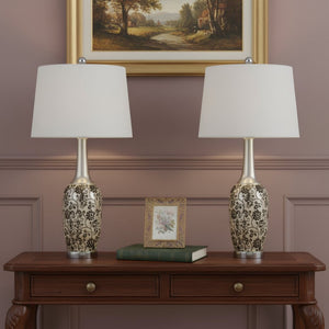 HomeRoots Set of Two 30" Stylish Silver Metal Bedside Table Lamps with White Globe Shade for Cozy Illumination 476144