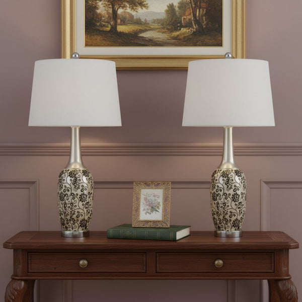 HomeRoots Set of Two 30" Stylish Silver Metal Bedside Table Lamps with White Globe Shade for Cozy Illumination 476144