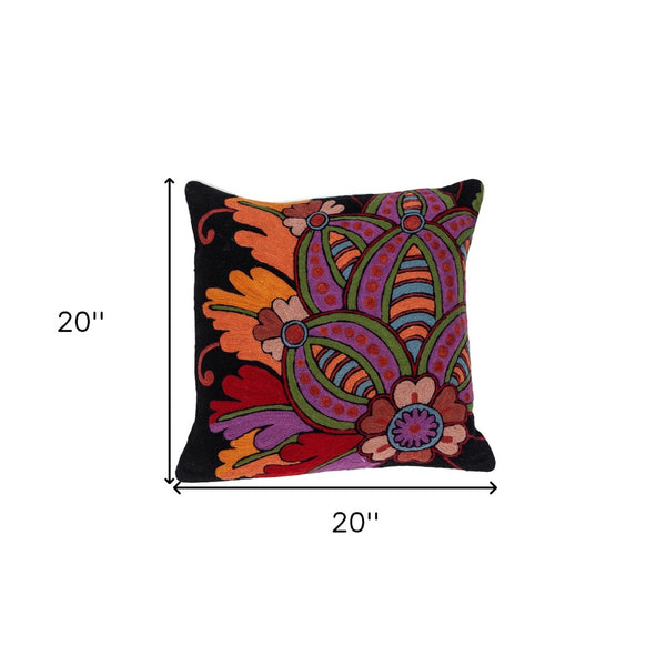 Homeroots 20" Black And Orange Cotton Throw Pillow - Decorative Embroidered Accent For Cozy Living Spaces   476168