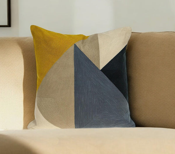 Homeroots 20" Beige And Blue Cotton Throw Pillow   476170