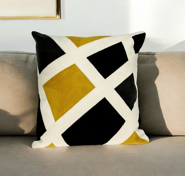 Homeroots 20" Stylish Black, White & Yellow Cotton Throw Pillow - Soft, Durable, Perfect For Home Decor!   476171