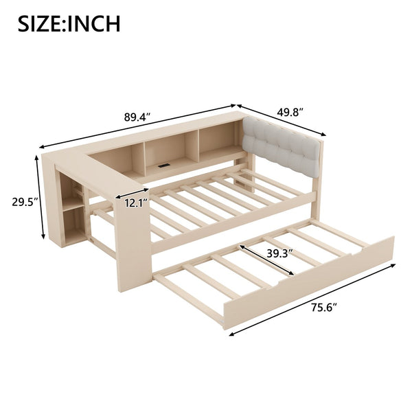 English Elm Wood Twin Platform Bed Linen Headboard Storage Shelves Trundle Charging Station Cream N709P004023C