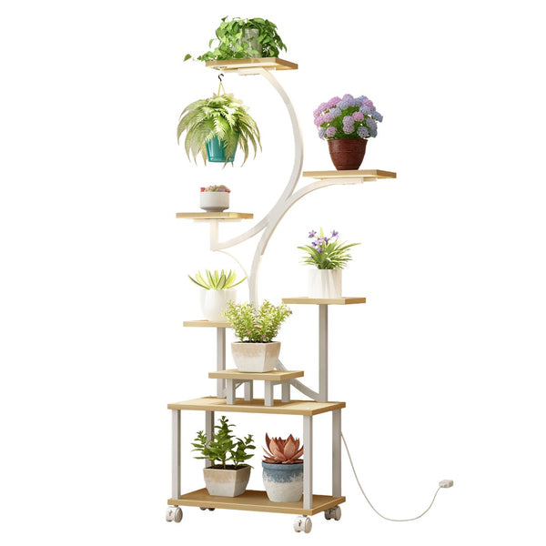 English Elm Plant Stand with Full Spectrum Grow Lights 8 Tier S Shaped Iron Corner Display Rack White+Natural W2641P446508