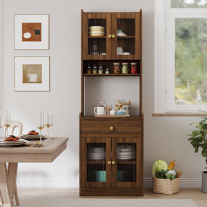 English Elm Kitchen Pantry Hutch Cabinet with Microwave Stand, Spacious Buffet Sideboard for Organized Kitchens Walnut W331P309435