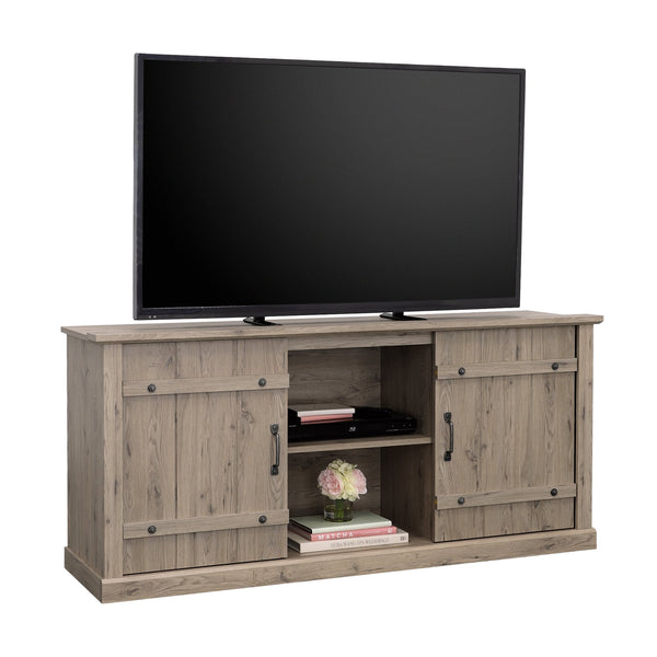 English Elm Credenza, Rustic 70" TV Stand with Sliding Barn Doors, Adjustable Shelves, Cord Management, 62" Plain Light Oak B356P354410