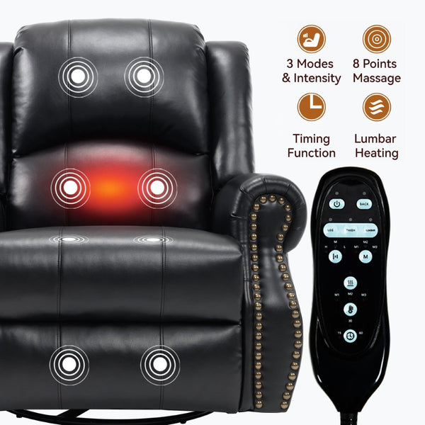 English Elm Heat Massage Rocker Swivel Recliner Chair with Lumbar Relief Nodes for Living Room Black W3224S00032