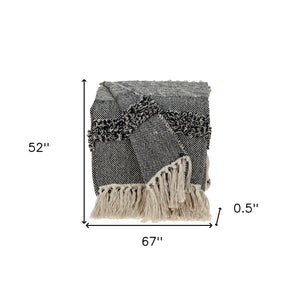 Homeroots Boho Beige And Black Handloom Weave Throw With Decorative Tassels  Wool 476222