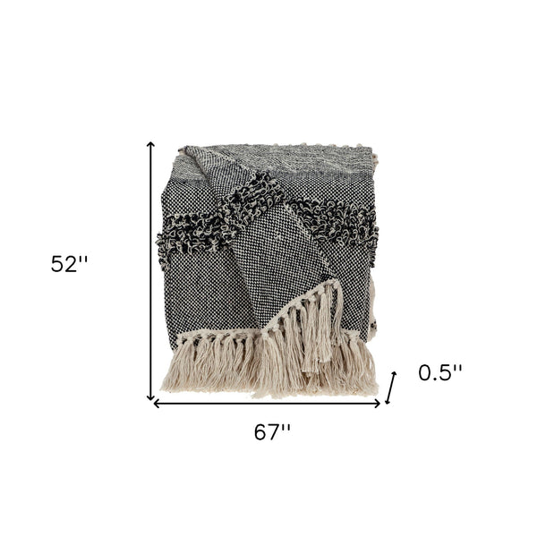 Homeroots Boho Beige And Black Handloom Weave Throw With Decorative Tassels  Wool 476222