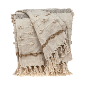 Homeroots Classic Boho Fringed And Textured Woven Handloom Throw  Wool 476224
