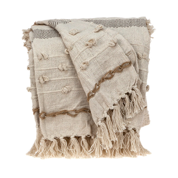 Homeroots Classic Boho Fringed And Textured Woven Handloom Throw  Wool 476224