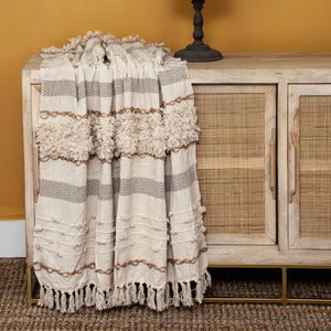 Homeroots Classic Boho Fringed And Textured Woven Handloom Throw  Wool 476224