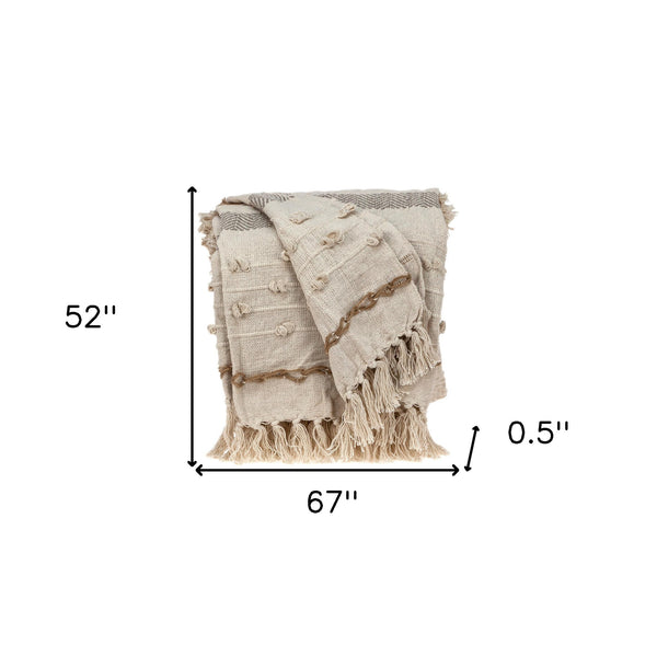 Homeroots Classic Boho Fringed And Textured Woven Handloom Throw  Wool 476224