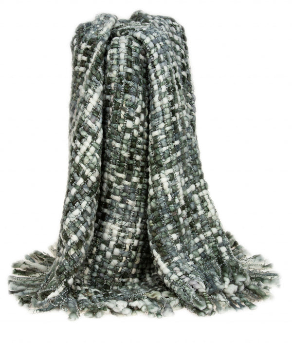 Homeroots Green And White Knitted Cotton Blend Abstract Throw Blanket With Fringe  Cotton Blend 476229