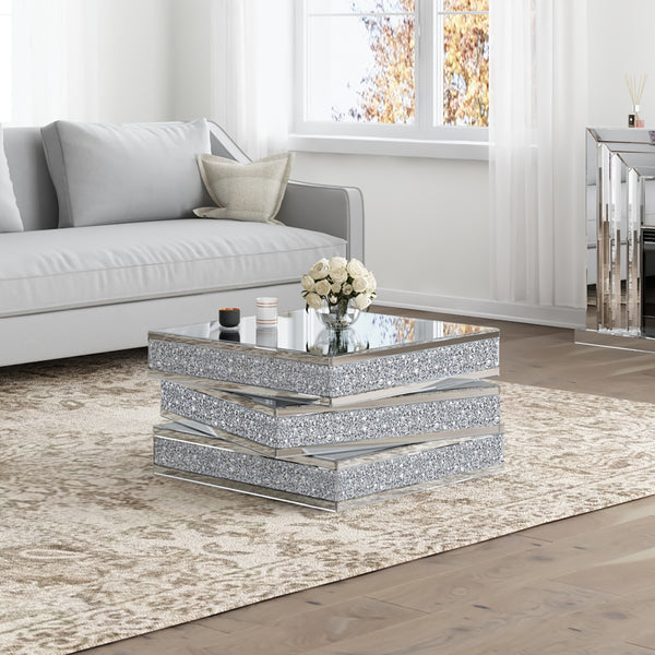 Homeroots 32" Rubik's Bling Silver Mirror And Faux Crystals Coffee Table   476231
