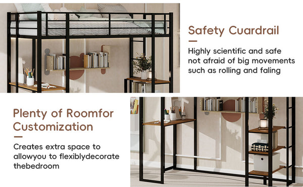 English Elm Iron framed bunk bed with L-shaped study desk and dual-side stairs, space-saving durable design Black W1935P330795