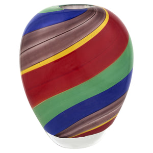 Homeroots 9" Red Blue And Green Striped Round Glass Table Vase  Glass 476249