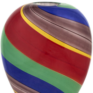 Homeroots 9" Red Blue And Green Striped Round Glass Table Vase  Glass 476249