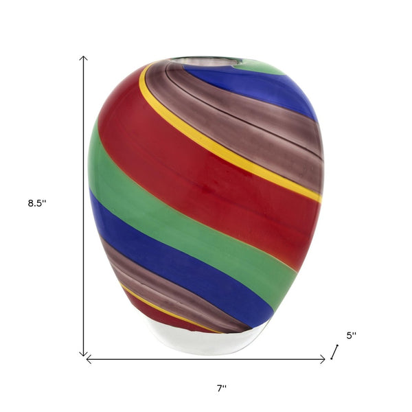 HomeRoots 9" Striking Round Glass Table Vase in Bold Red, Blue & Green Stripes - Perfect for Home Decor & Gifting! 476249