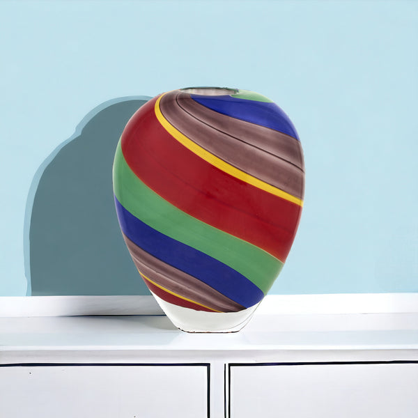 Homeroots 9" Red Blue And Green Striped Round Glass Table Vase  Glass 476249