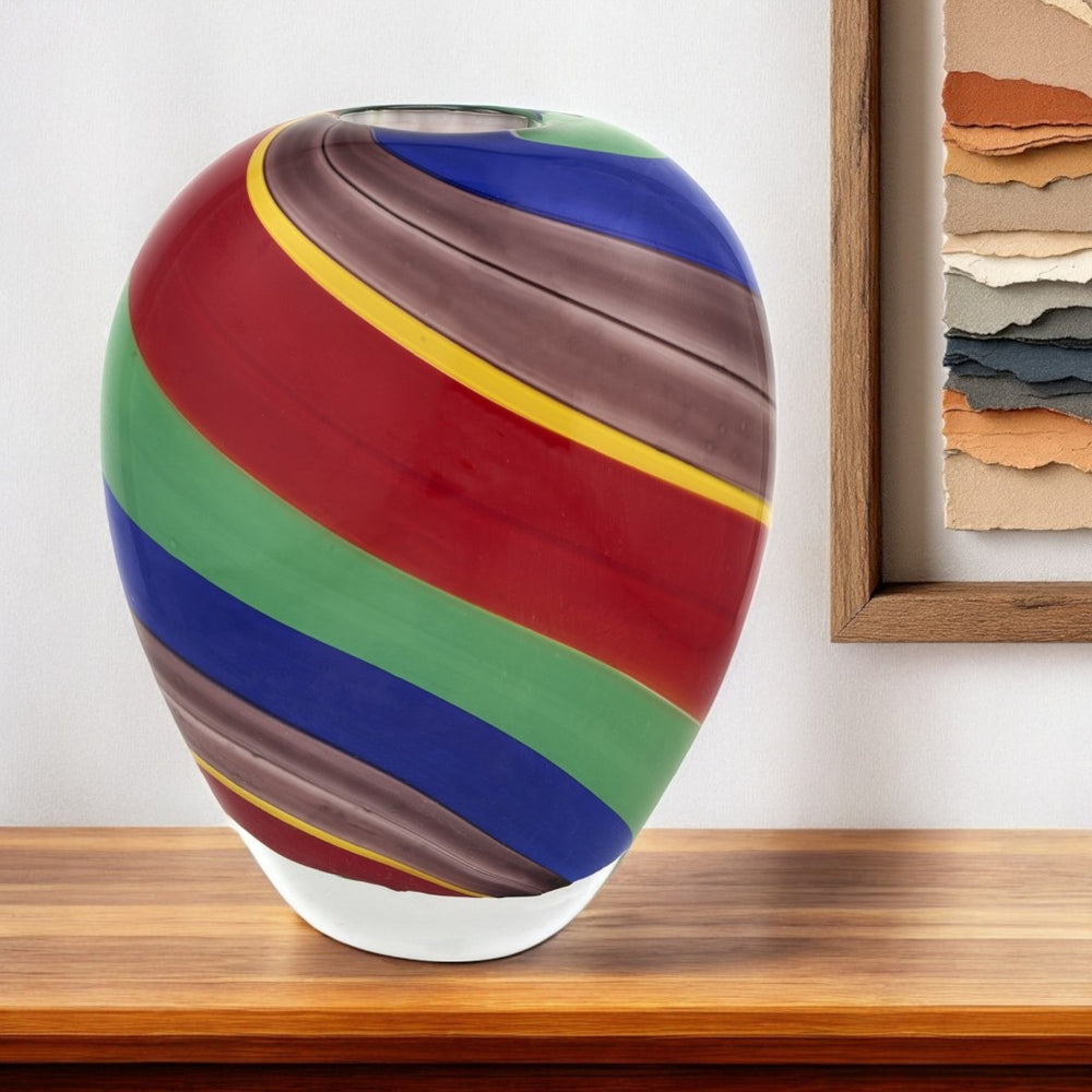 HomeRoots 9" Striking Round Glass Table Vase in Bold Red, Blue & Green Stripes - Perfect for Home Decor & Gifting! 476249