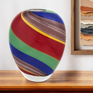 HomeRoots 9" Striking Round Glass Table Vase in Bold Red, Blue & Green Stripes - Perfect for Home Decor & Gifting! 476249