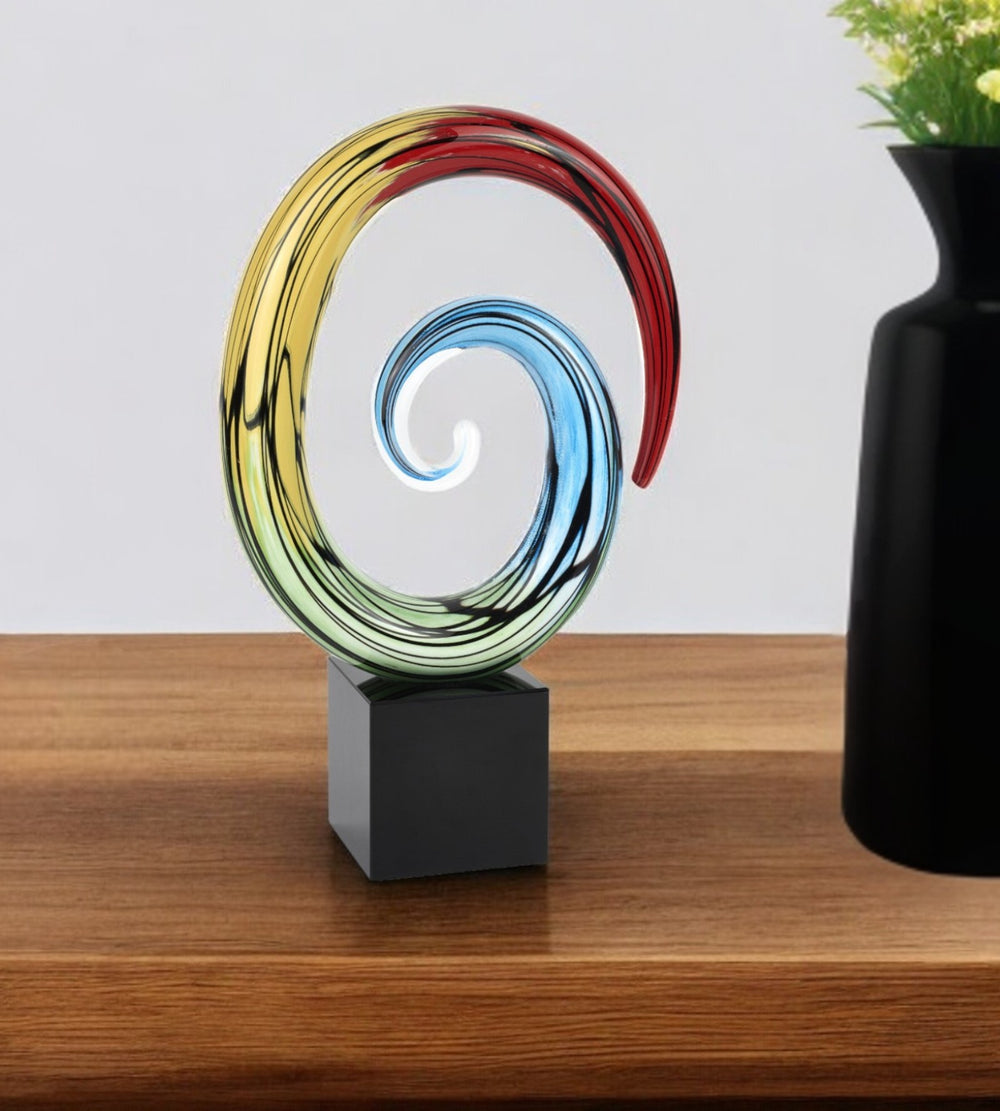 Homeroots 10" Blue And Red Murano Glass Hand Painted Modern Abstract Tabletop Sculpture  Murano Glass 476250
