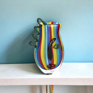 Homeroots 11" Blue And Yellow Glass Striped Round Jug Vase  Glass 476252