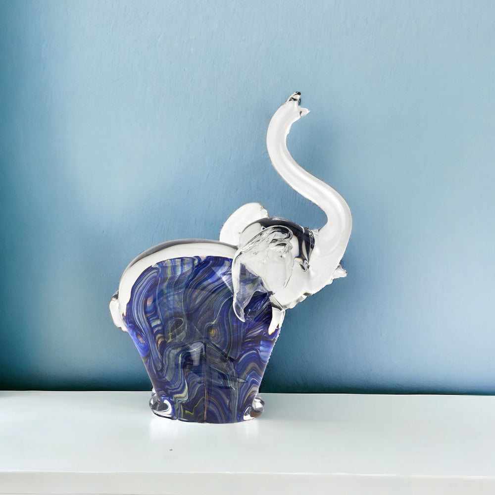 Homeroots 10" Blue Murano Glass Elephant Hand Painted Figurine Tabletop Sculpture  Murano Glass 476253