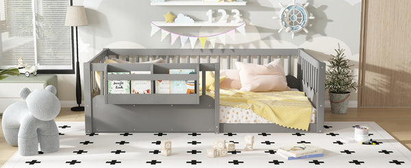 English Elm Twin Low Profile Kids Floor Bed Pine Wood Frame with Safety Rail and Built in Bookshelf Gray W1580P373135
