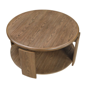 English Elm Brown Round Swivel Top Coffee Table with Oak Veneer, Open Shelf & Casters for Stylish Living Brown 41 L x 41 W x 10 H B011P351964