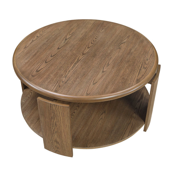 English Elm Brown Round Swivel Top Coffee Table with Oak Veneer, Open Shelf & Casters for Stylish Living Brown 41 L x 41 W x 10 H B011P351964