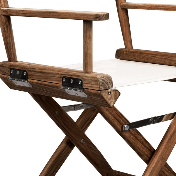 Homeroots 23" Brown And Ivory And Natural Wood Solid Wood Indoor Outdoor Director Chair  Teak 476327