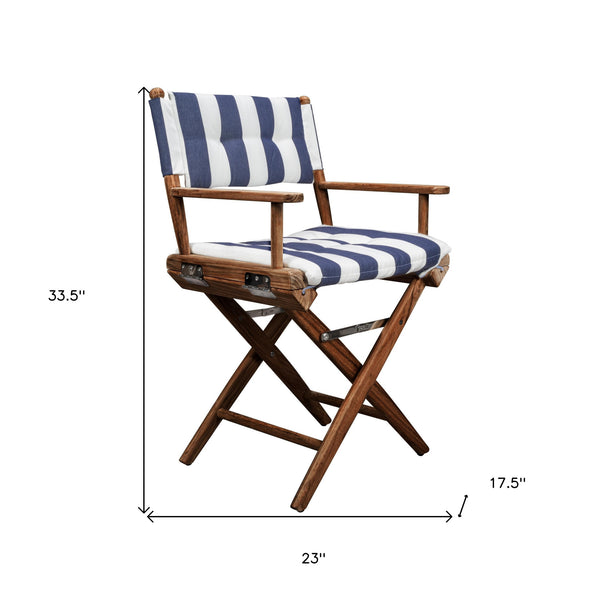 Homeroots 23" Blue And White And Natural Wood Solid Wood Indoor Outdoor Director Chair With Blue And White Cushion  Teak 476330
