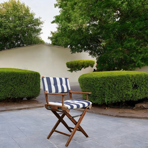 Homeroots 23" Blue And White And Natural Wood Solid Wood Indoor Outdoor Director Chair With Blue And White Cushion  Teak 476330