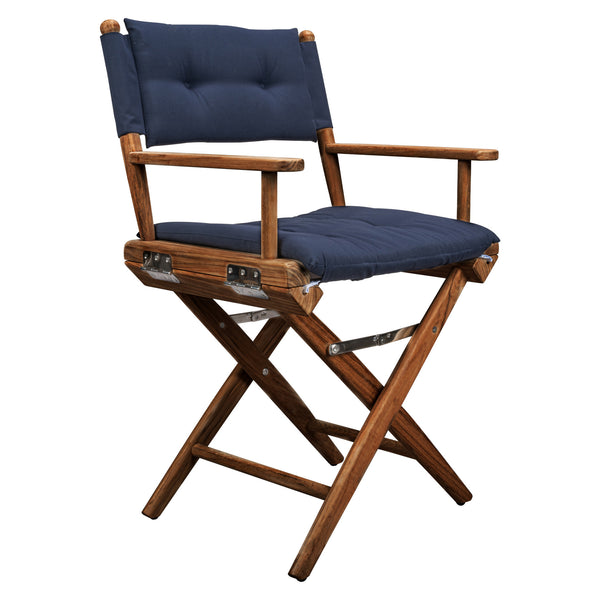 Homeroots 23" Navy Blue And Brown Solid Wood Indoor Outdoor Director Chair With Navy Blue Cushion  Teak 476332