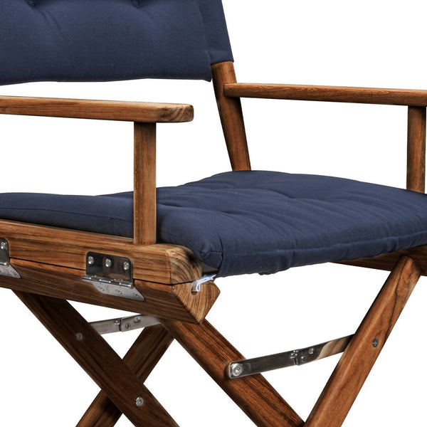 Homeroots 23" Navy Blue And Brown Solid Wood Indoor Outdoor Director Chair With Navy Blue Cushion  Teak 476332