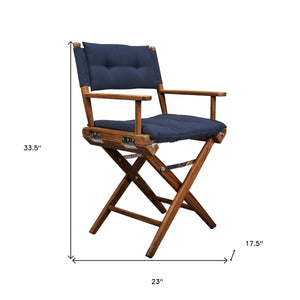 Homeroots 23" Navy Blue And Brown Solid Wood Indoor Outdoor Director Chair With Navy Blue Cushion  Teak 476332