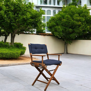 Homeroots 23" Navy Blue And Brown Solid Wood Indoor Outdoor Director Chair With Navy Blue Cushion  Teak 476332