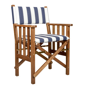 Homeroots 20" Blue And White And Natural Wood Solid Wood Indoor Outdoor Director Chair With Blue And White Cushion  Teak 476334