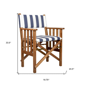 Homeroots 20" Blue And White And Natural Wood Solid Wood Indoor Outdoor Director Chair With Blue And White Cushion  Teak 476334