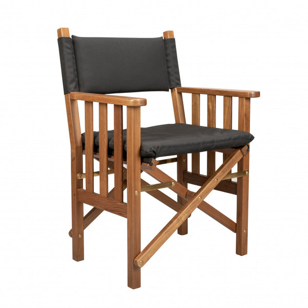 Homeroots 20" Black And Natural Wood Solid Wood Indoor Outdoor Director Chair With Black Cushion  Teak 476335