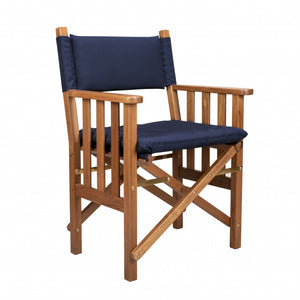 Homeroots 20" Navy Blue And Natural Wood Solid Wood Indoor Outdoor Director Chair With Navy Blue Cushion  Teak 476336